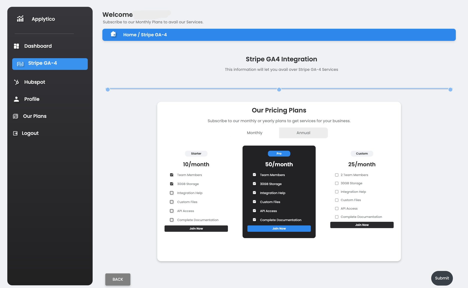Stripe & GA4 Integration with Applytico Pricing Plan